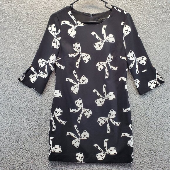 Banana Republic Women's Black White Bow Print Shift 3/4 Sleeve Dress Size 4 - Picture 2 of 11